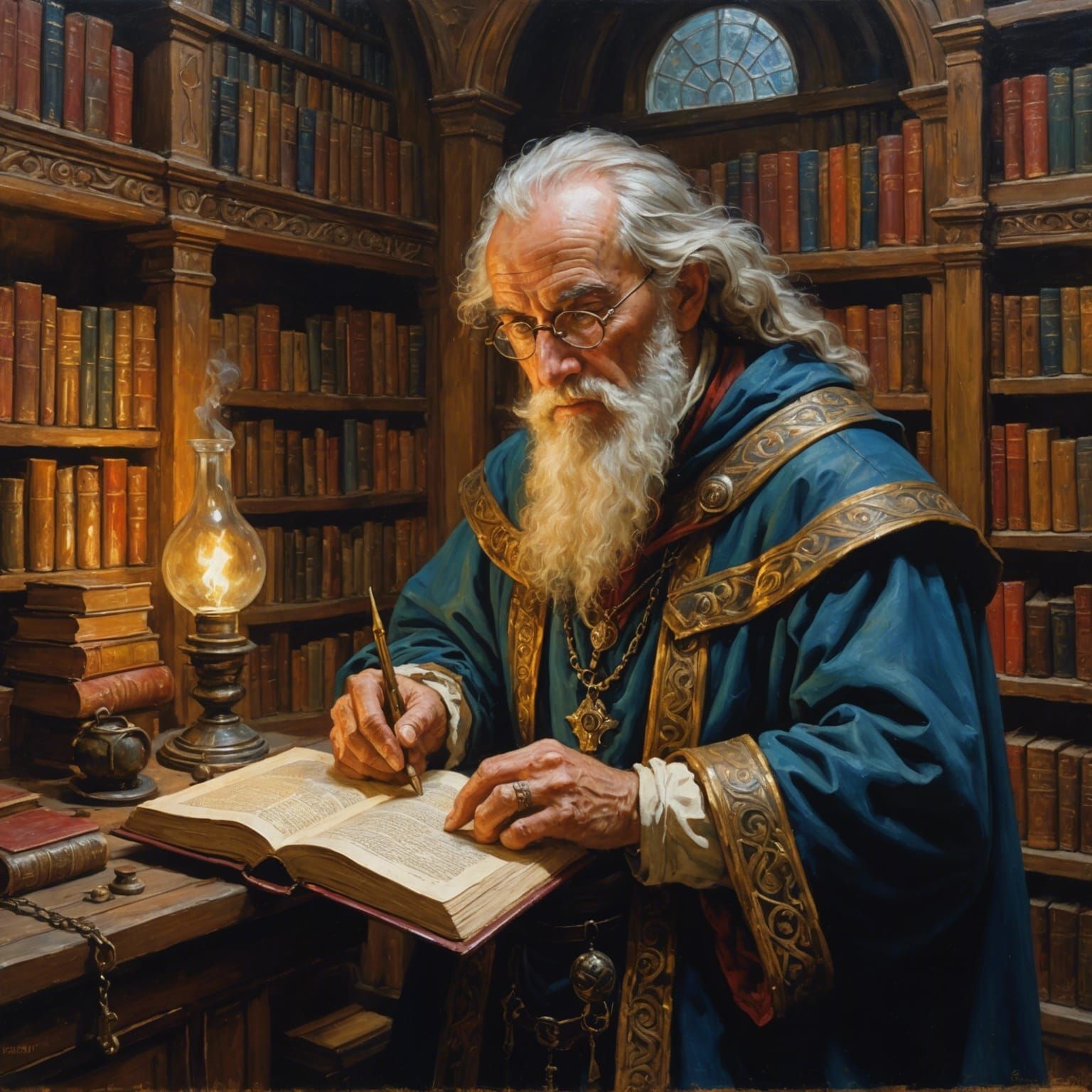 Ancient Alchemist Library Close-Up: Oil Painting