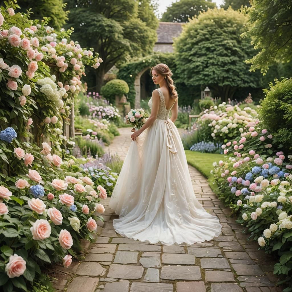 Elegant Bride in English Garden as Impressionist Painting