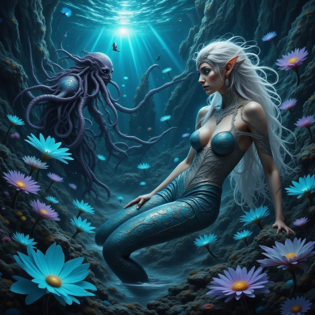 Elf Mermaid and Octopus Man in Bioluminescent Deep Sea