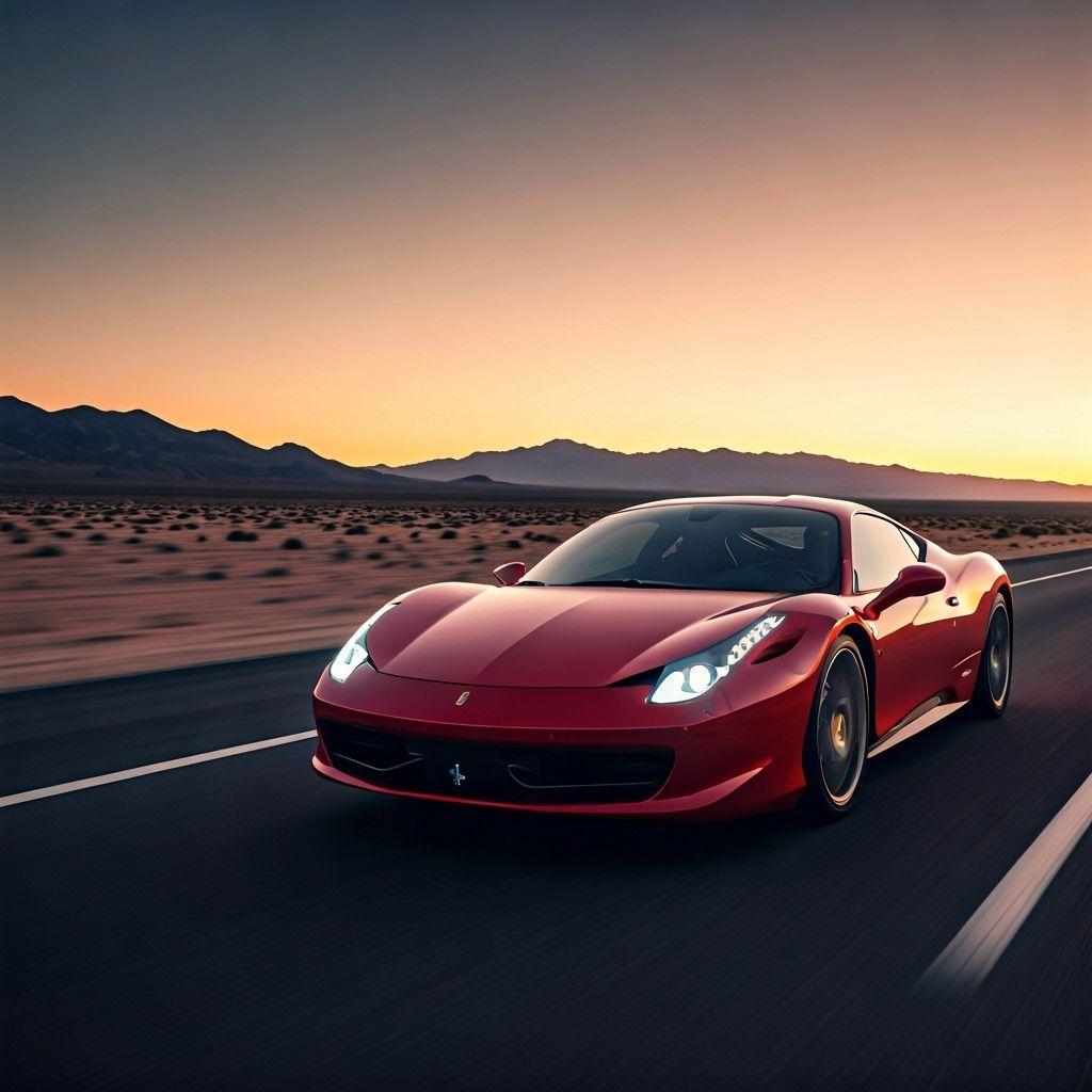Red Ferrari Speeds Down Desert Highway at Dusk