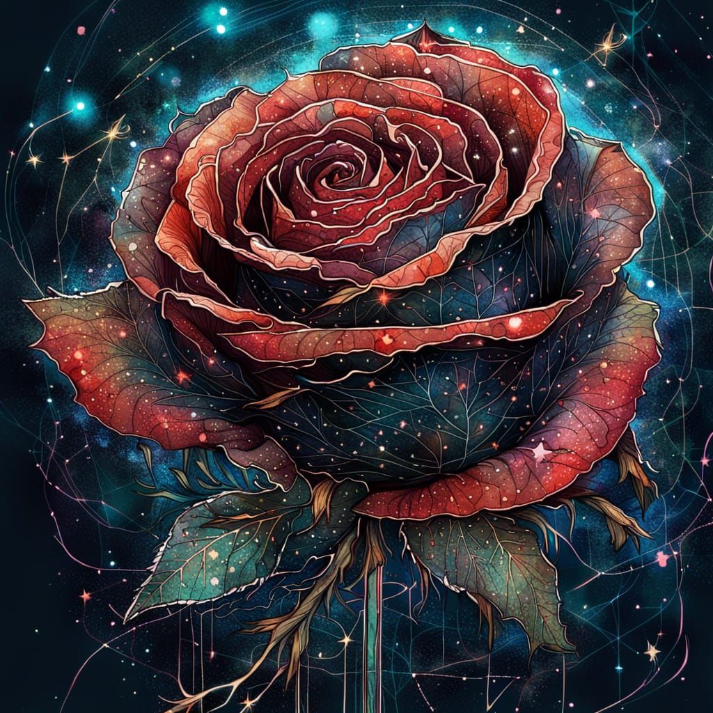 Galactic Rose Digital Painting with Shiny Aura