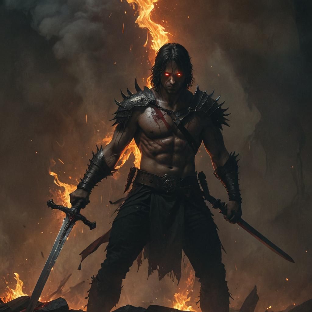 Warrior with Bloody Sword in Dark Fantasy Art