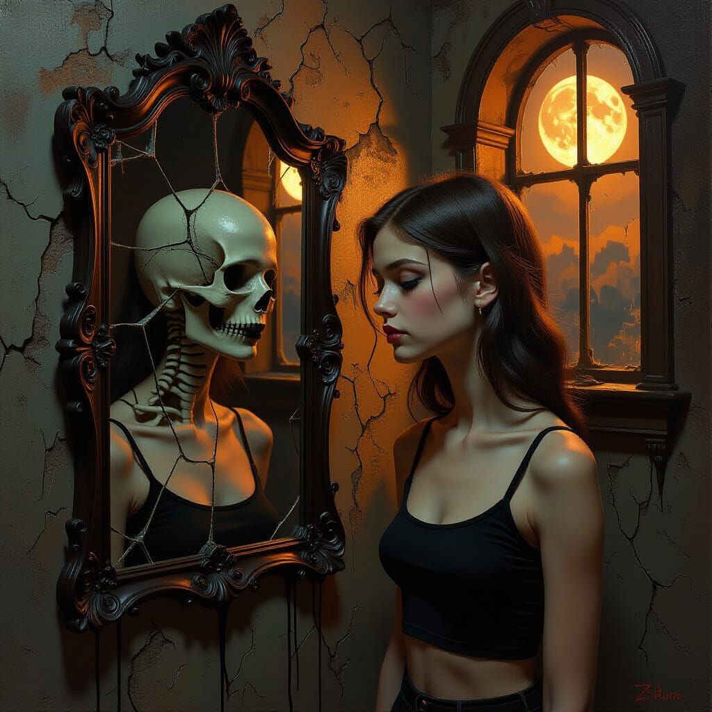 Surreal Gothic Portrait with Skeletal Reflection as Oil Pain...