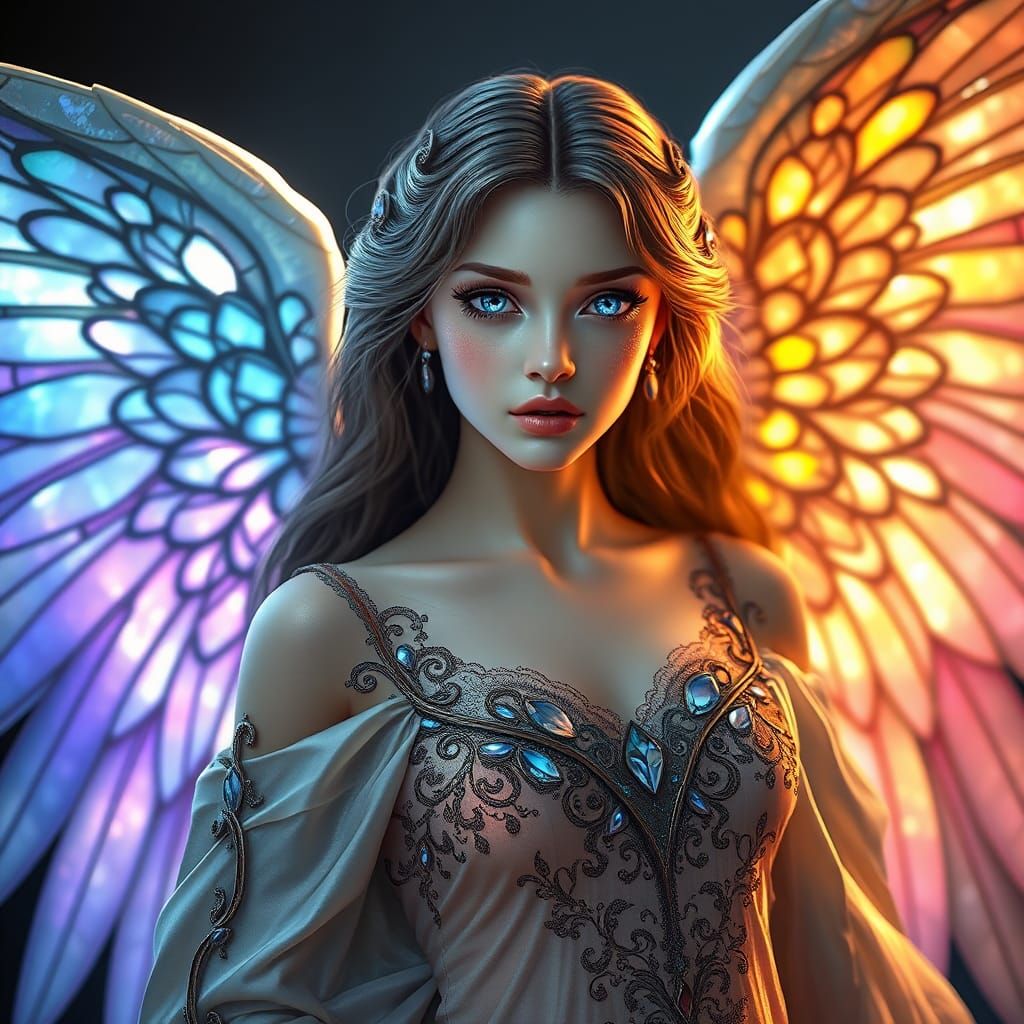 a beautiful female angel, her eyes are like stained glass, magical, wings are transparent, beautiful flowing gown with a...