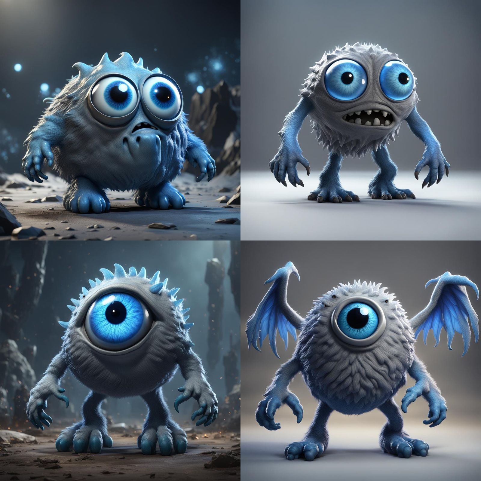 gray blob monster with one eye. It has blue wings. It has blue feet. one eye only