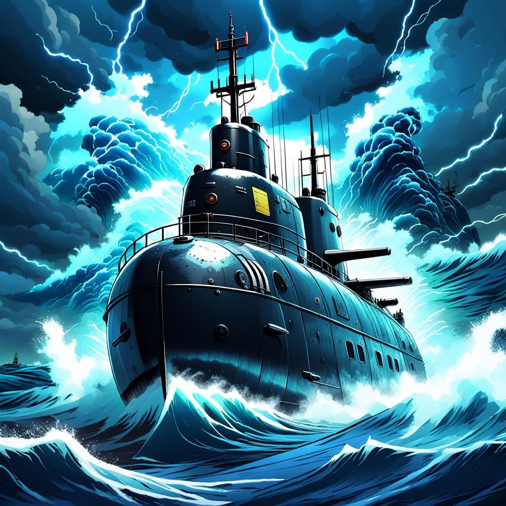 Anime Submarine Sails Raging Ocean in Electric Storm