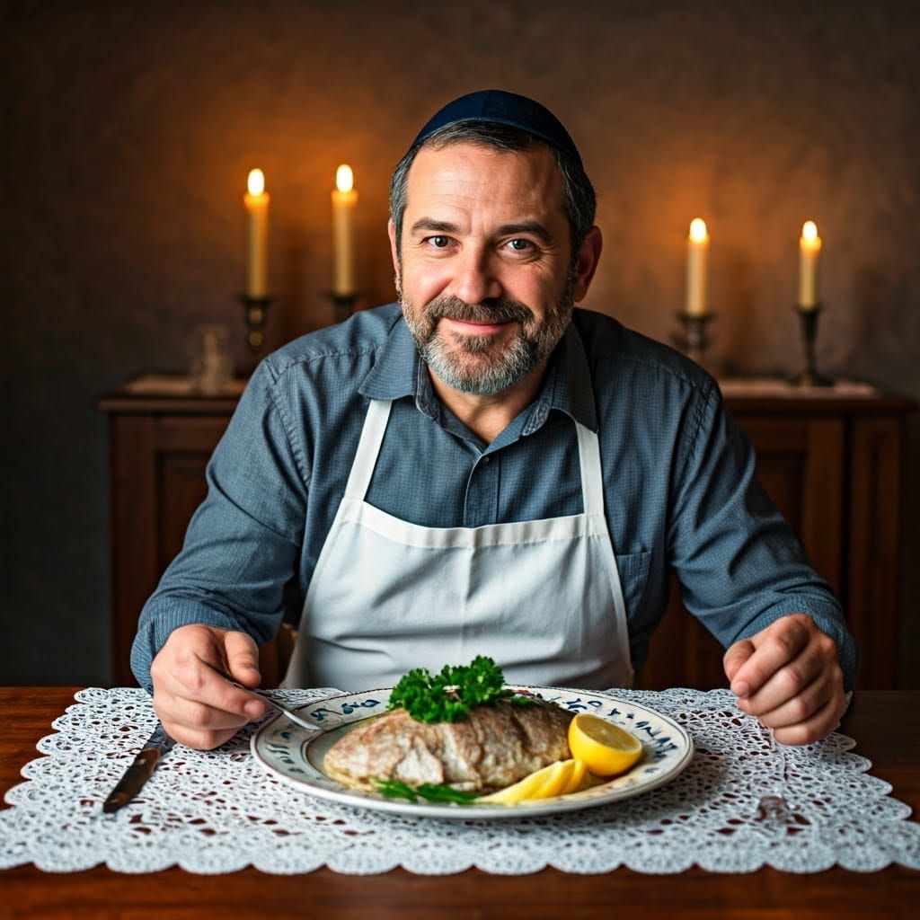 Man Savoring Traditional Gefilte Fish in Cozy Jewish Setting