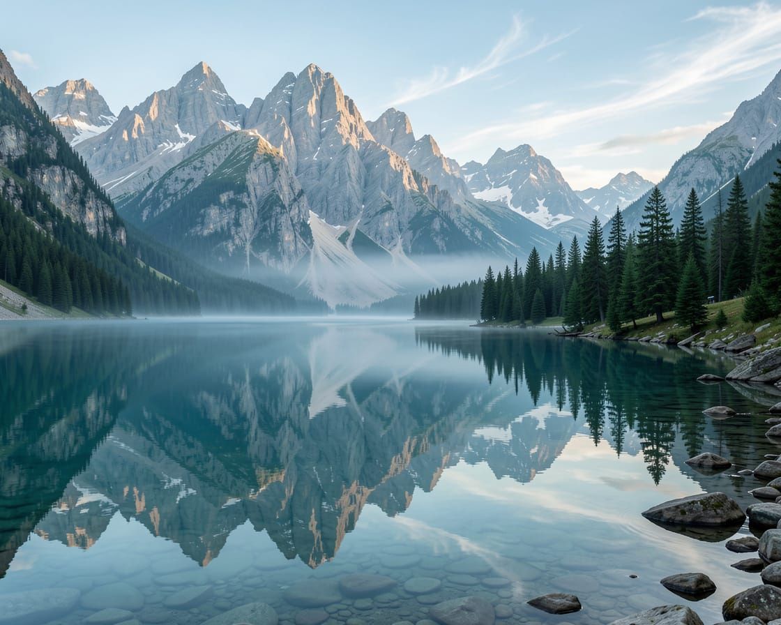 Serene Alpine Lake Reflection Digital Painting