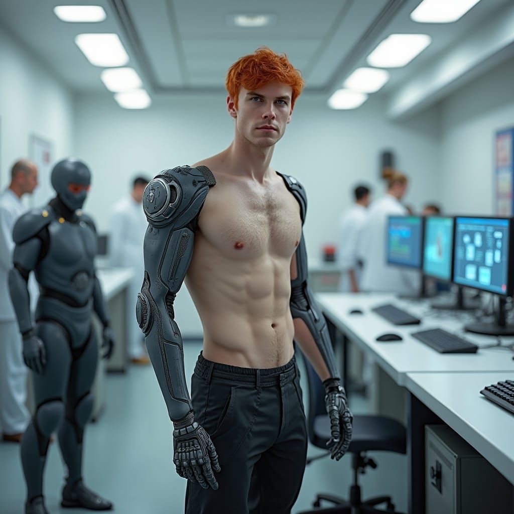 Robotic Cyborg Man in High-Tech Lab