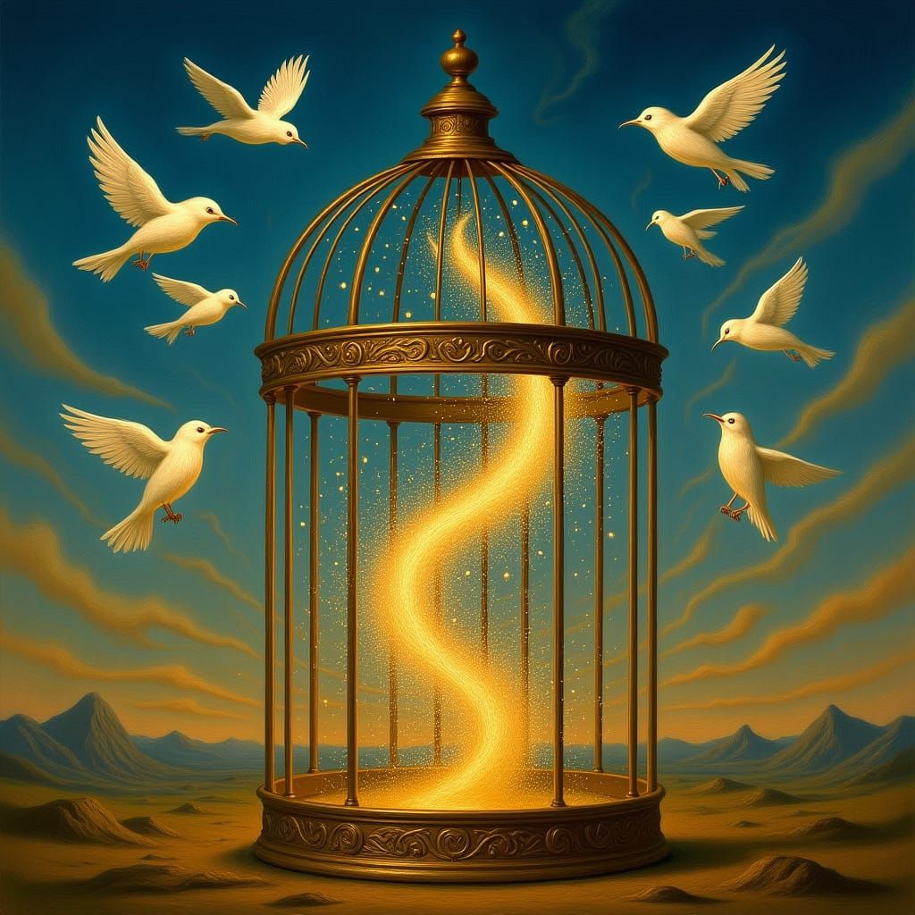 Spectral Birds Escape Antique Cage into Stardust Vortex