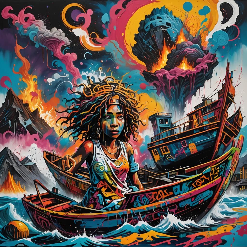 Circe on Graffiti Boat Before Volcano, Basquiat Style