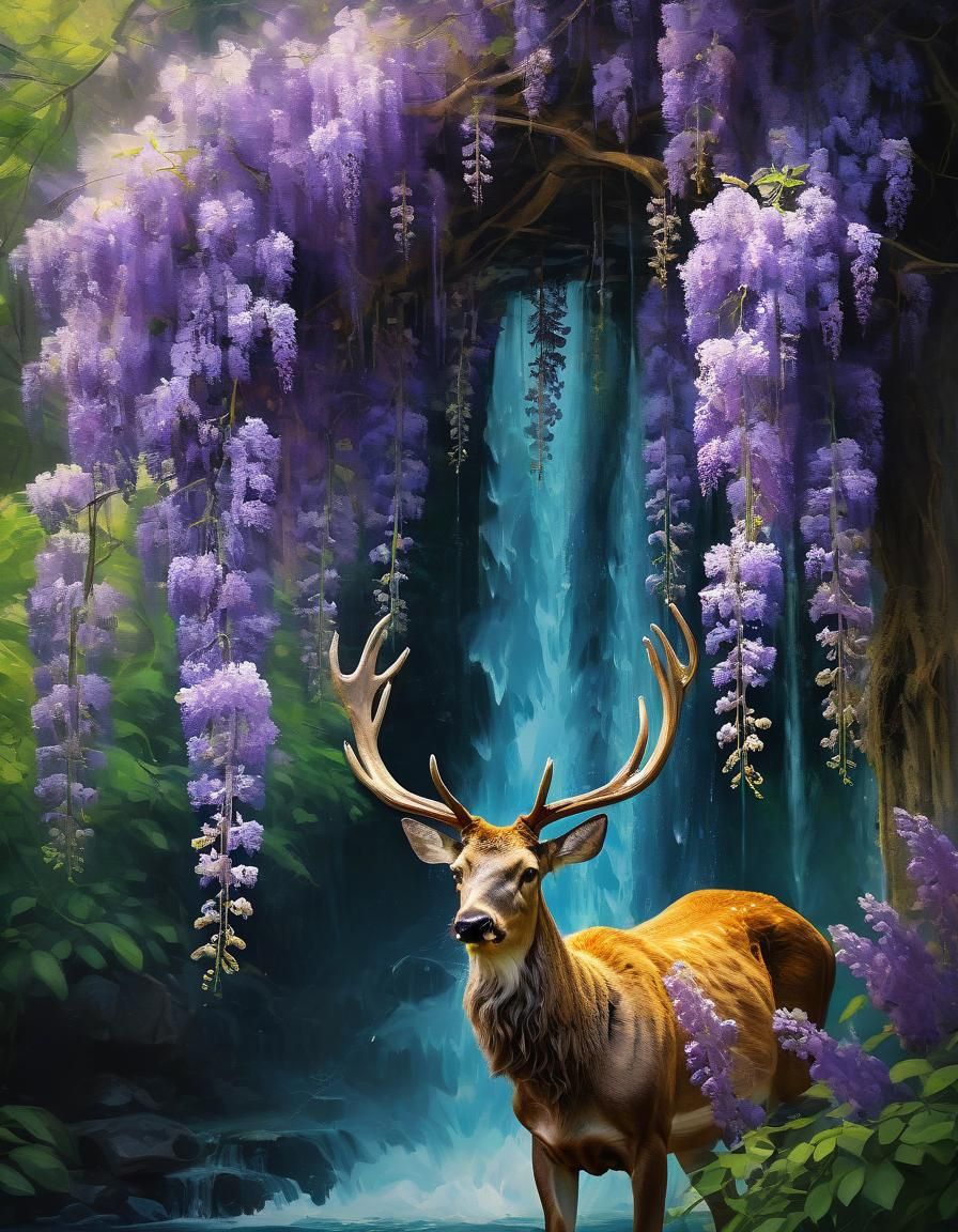 Wisteria Waterfall: Hyperdetailed Oil Painting with Deer