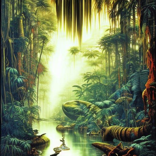 Grimepunk Monsters in Jungle River, Detailed Painting