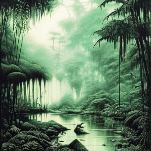 Jungle River with Anime Monsters, Ink Painting