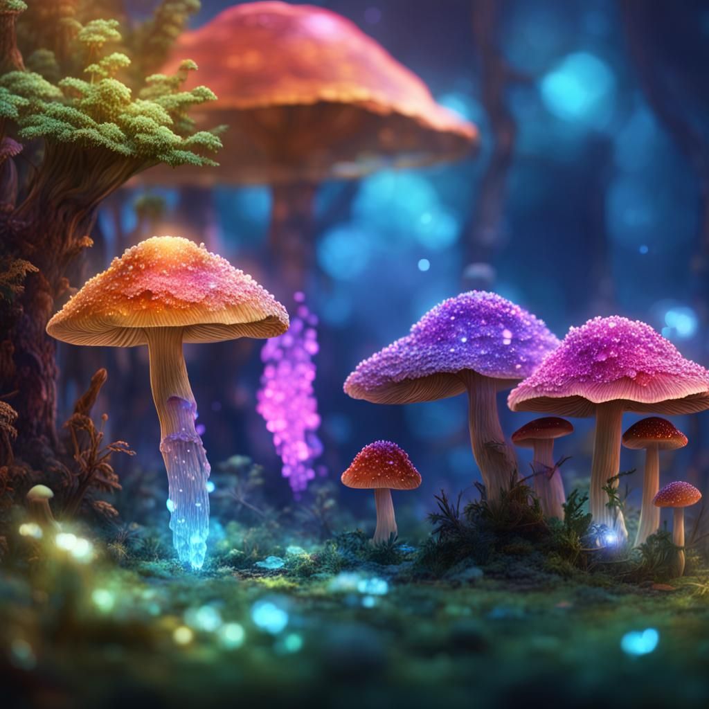 Crystalline Mushrooms Refract Light: Digital Matte Painting