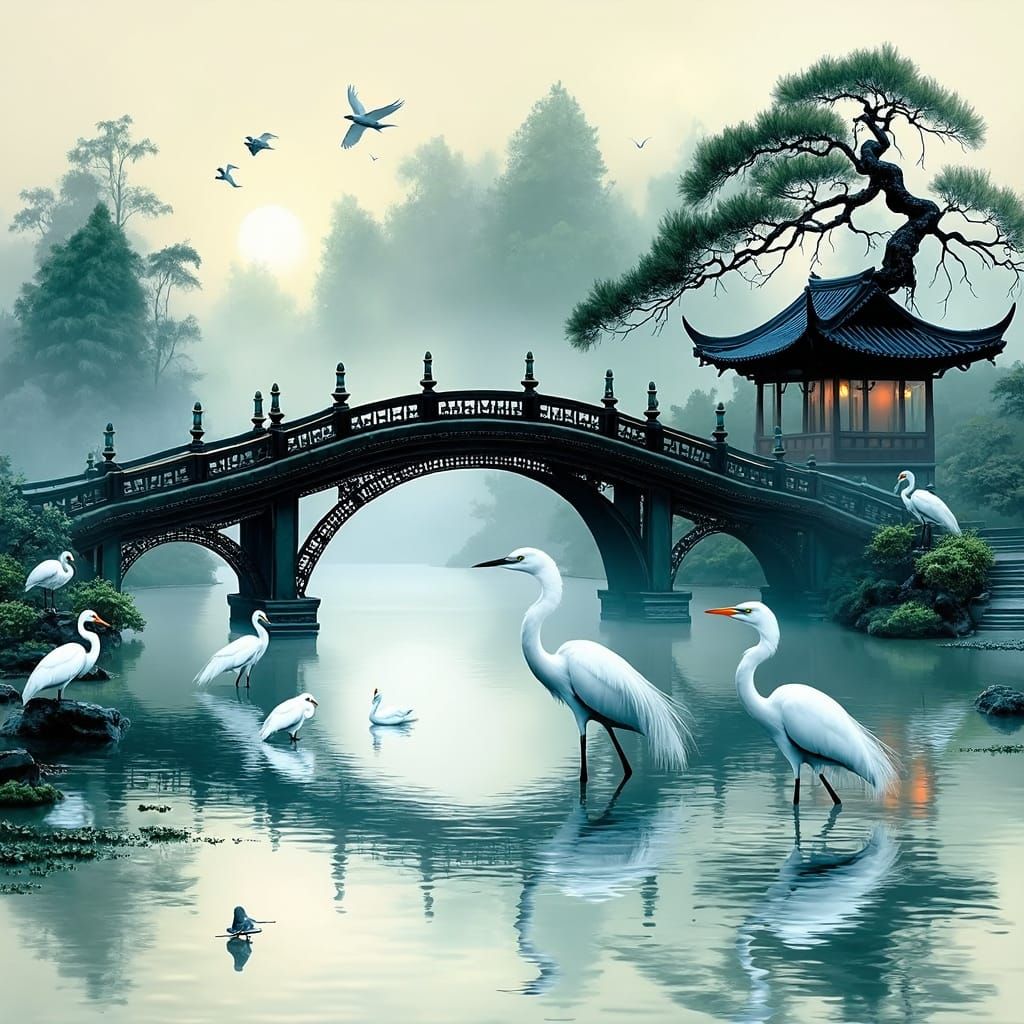 Egrets Serene Japanese Garden Scene in Soft Pastel Hues