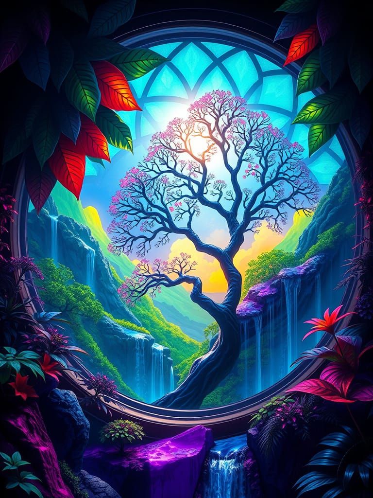 Neon Stained-Glass Window in Futuristic Dreamscape