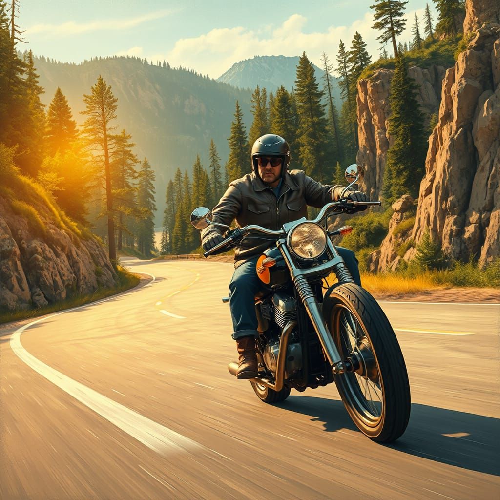Motorcyclist on Mountain Road in Vintage Oil Painting Style