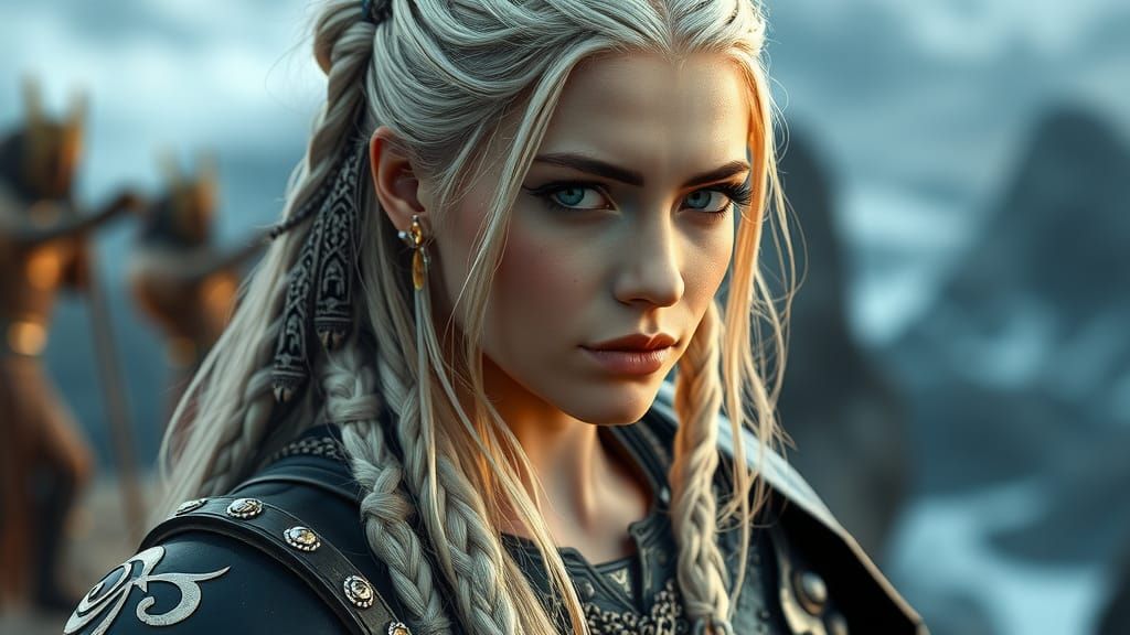 Viking Woman on Windswept Cliff with Norse Tattoos