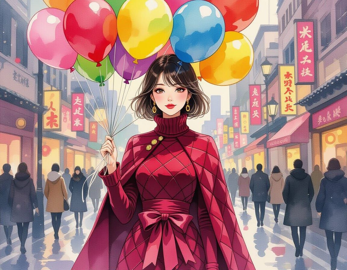 Anime Watercolor Portrait of Woman with Balloons