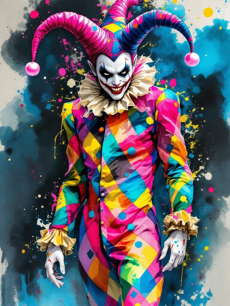 Mischievous Jester with Devilish Grin in Watercolor Style