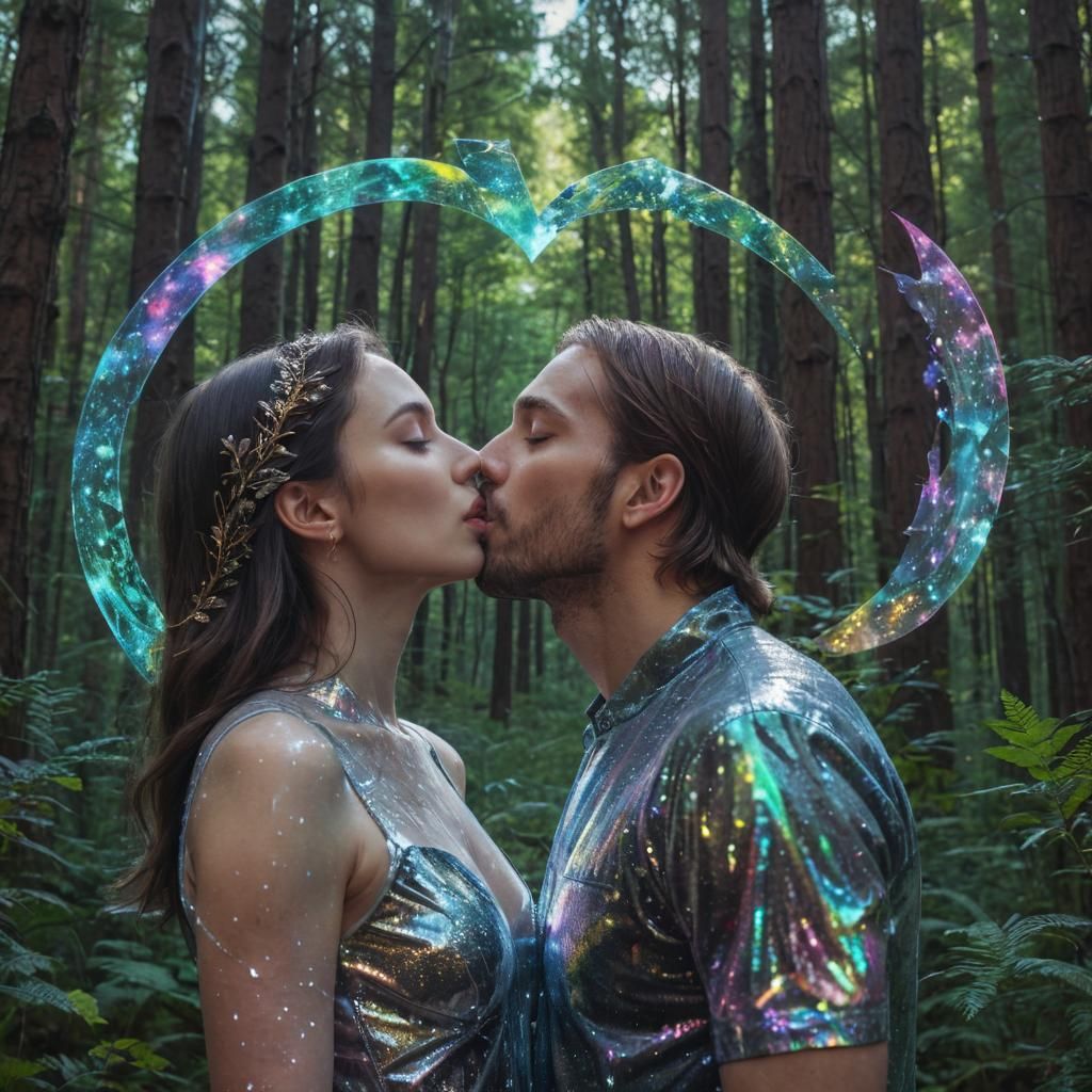Couple Kissing in Forest: Holographic Astral Illustration
