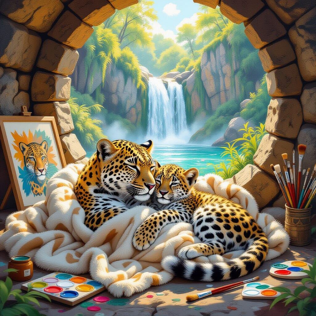 Leopard and Cub in Cozy Den: Hyper-Realistic Digital Art