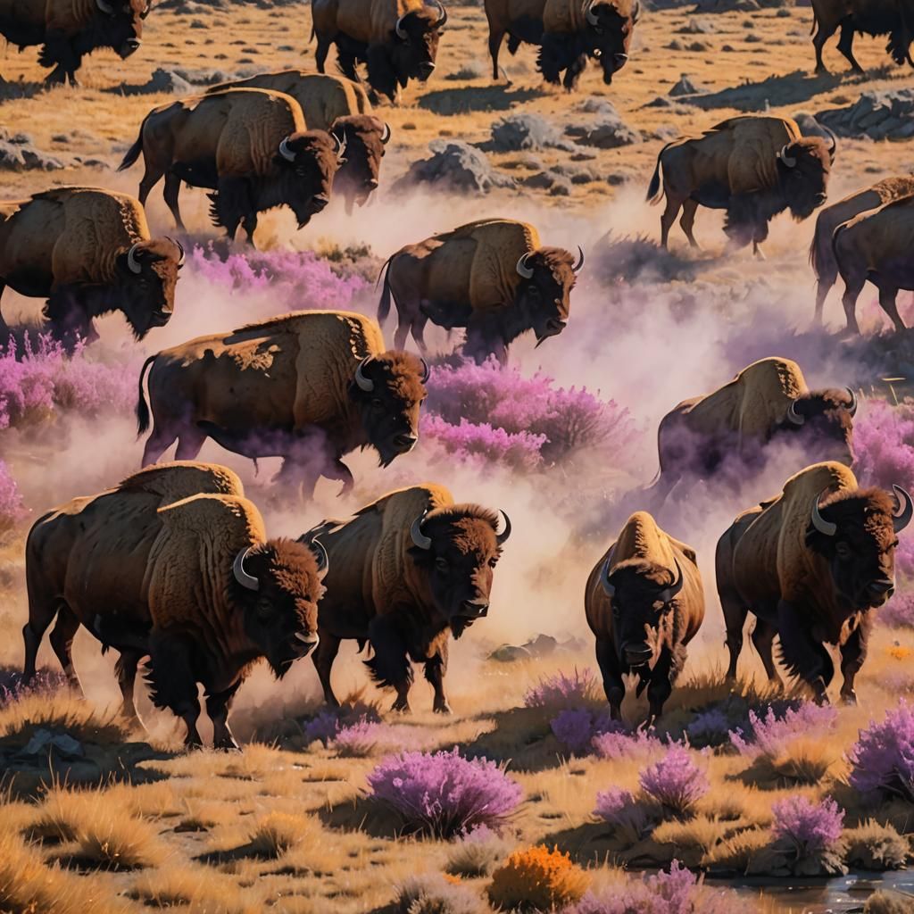 Bison Herd at Yellowstone Sunset: Hyperrealistic Splash Art