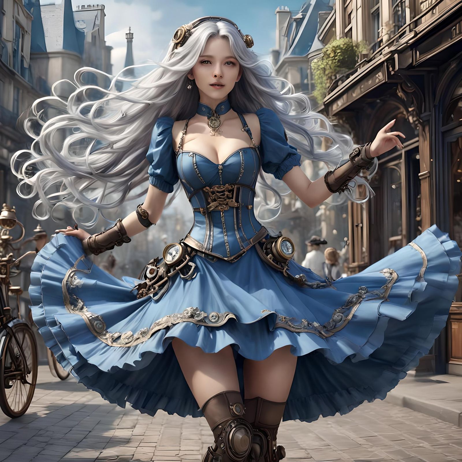 Steampunk Woman Dancing in Enchanting Paris
