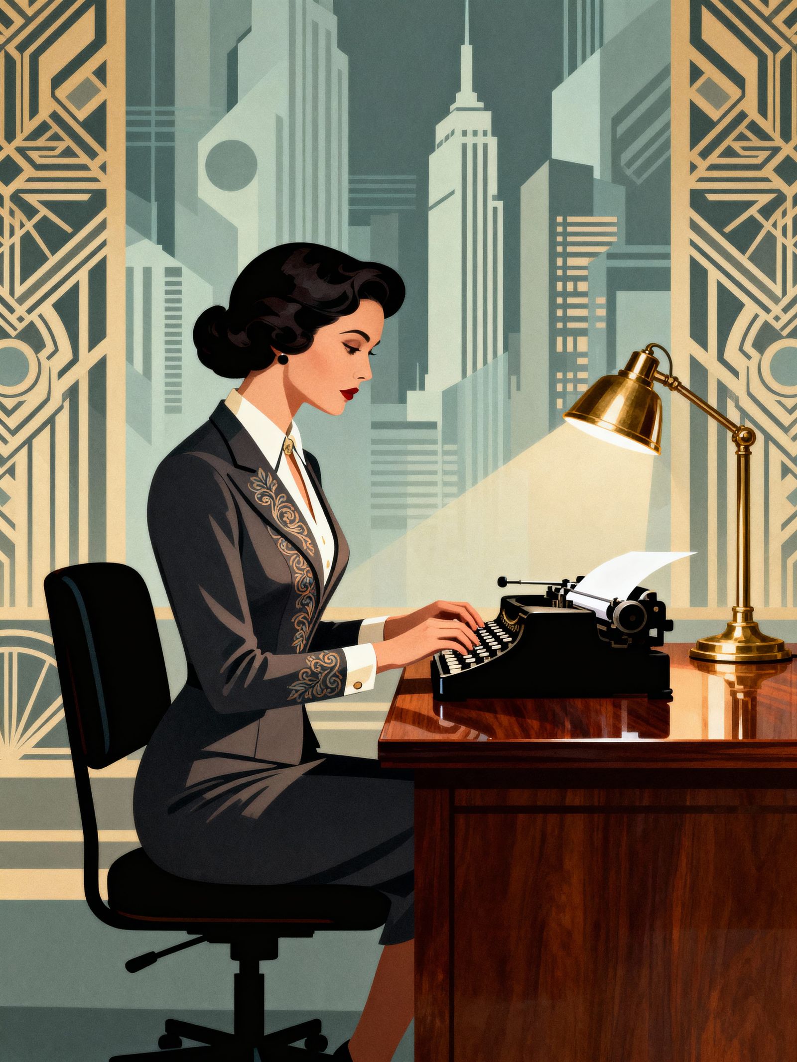 1940s Woman Typing in Art Deco Office