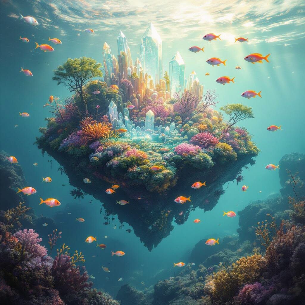 Bioluminescent Coral Reef Ecosystem Floating on Earth Chunk