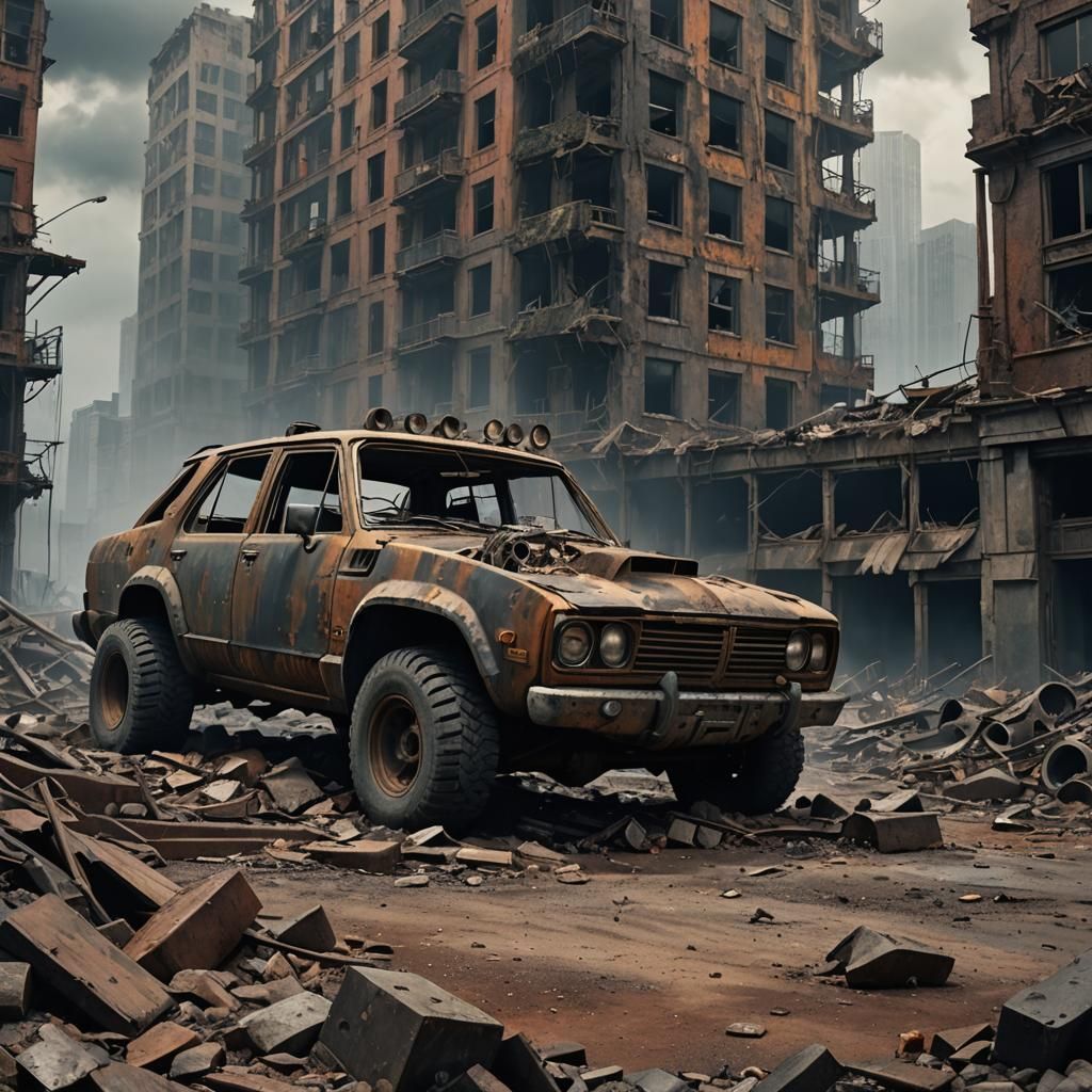 Post-Apocalyptic Vehicle in Ruined City