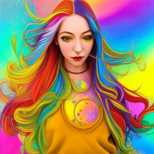 Rainbow Hair Girl in Sunflower Field, Splash Art Style