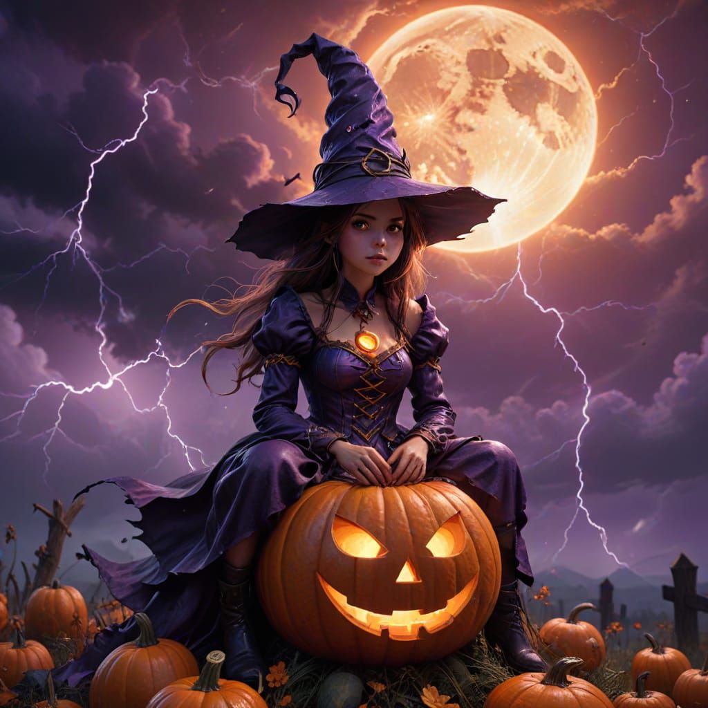 Witch Girl on Giant Glowing Pumpkin Under Stormy Sky
