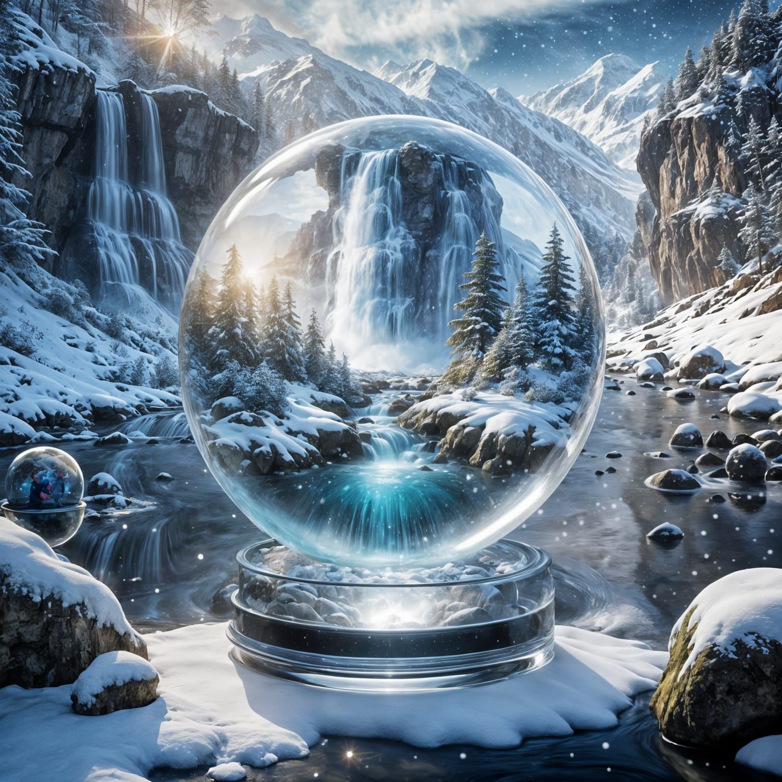Realistic Snow Globe with Waterfall in 3D