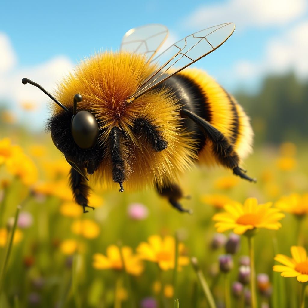 Vibrant 3D Bumblebee in Flight Over Sunny Meadow