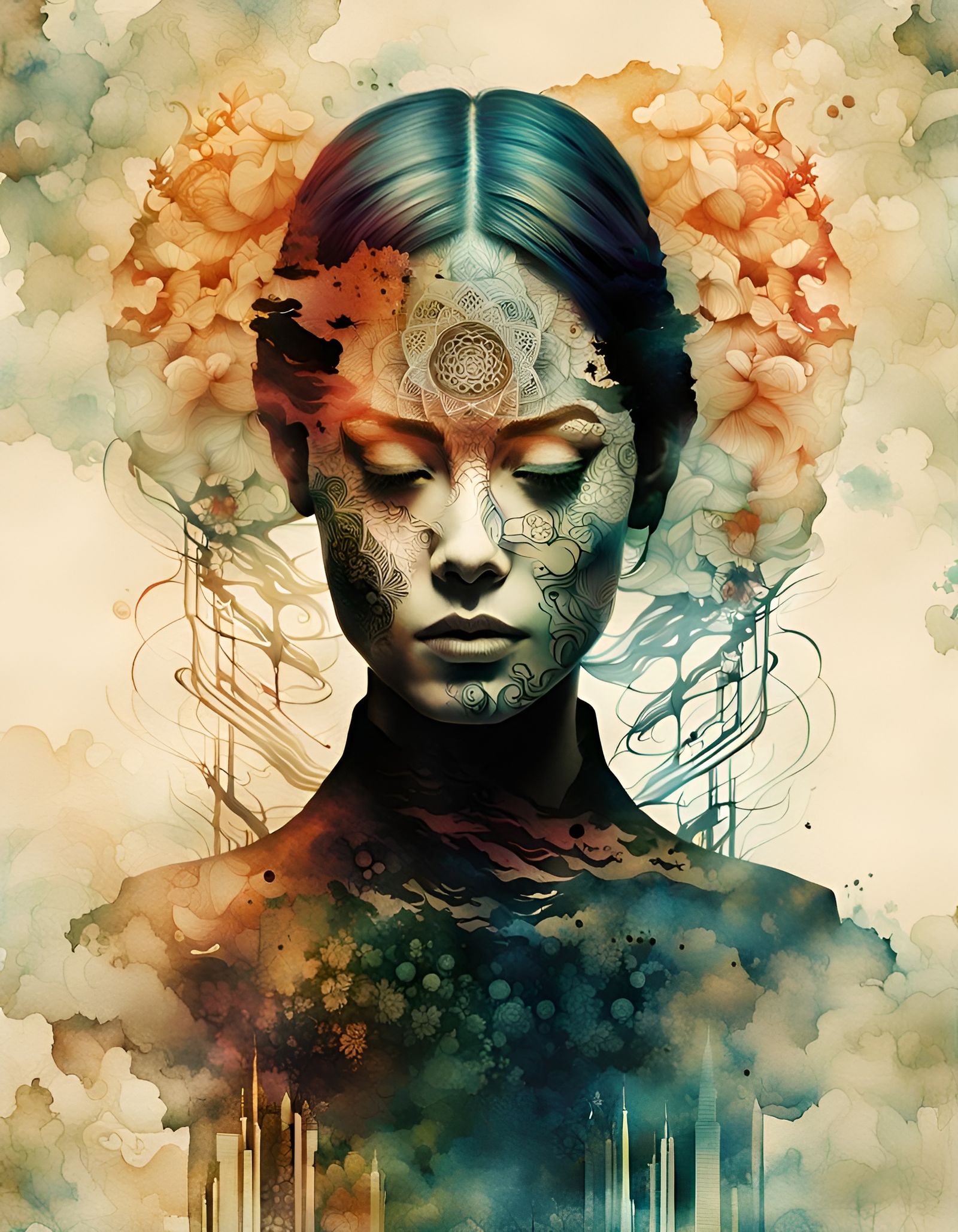 Android Woman with Swirling Tattoos: Double Exposure Art