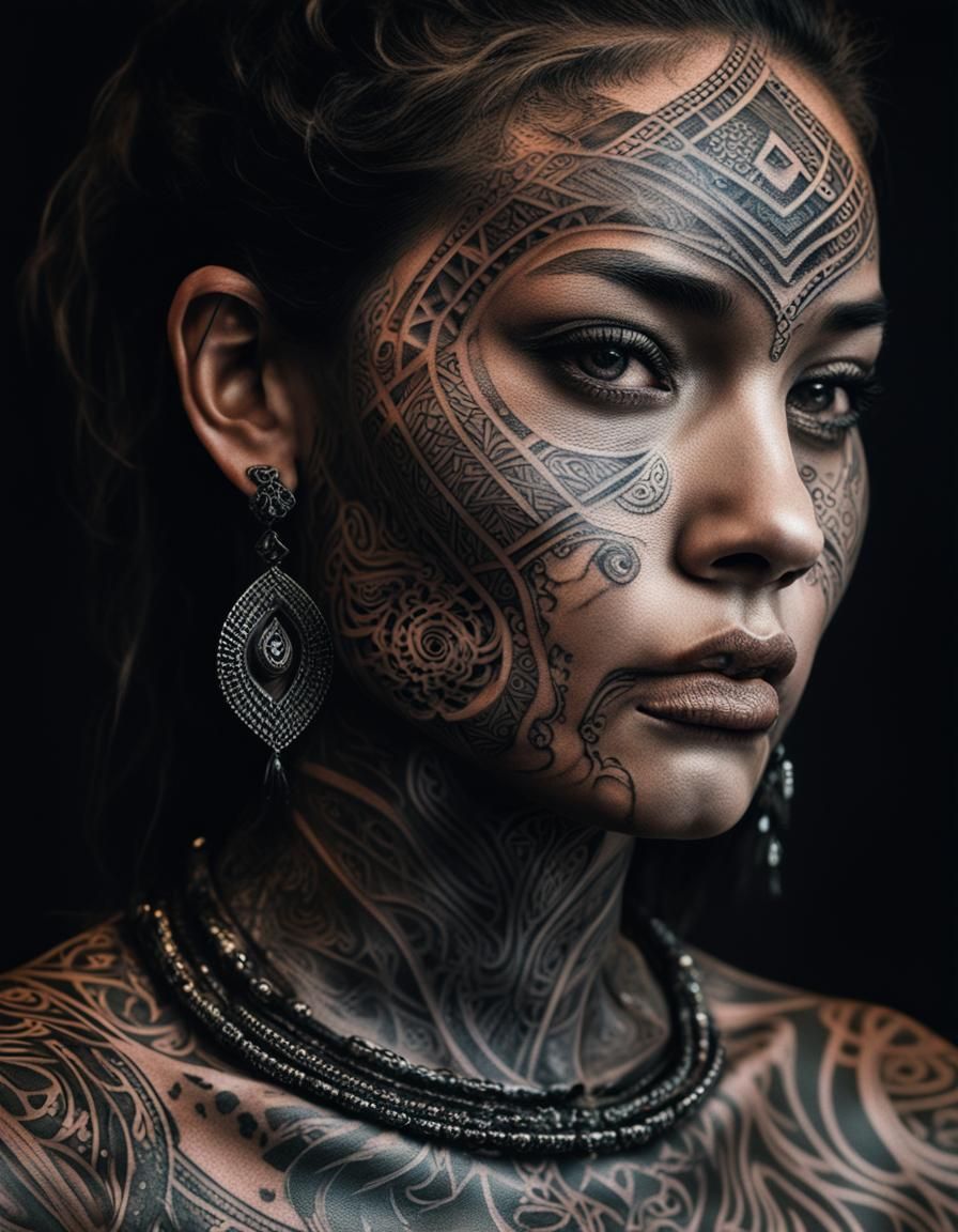 Woman's Tribal Tattoo Portrait in Dark Realism Style