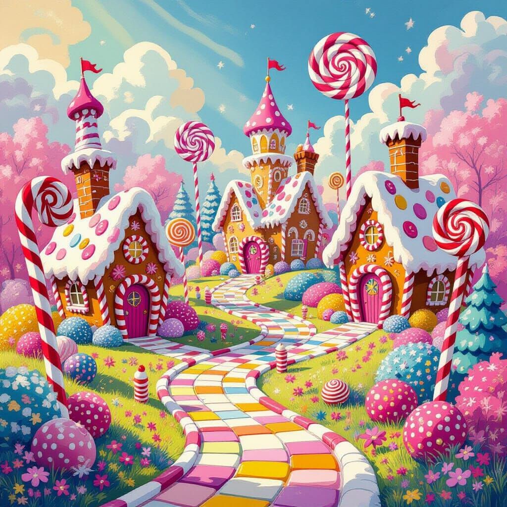 Vibrant Candyland Wonderland Landscape with Swirling Gouache...