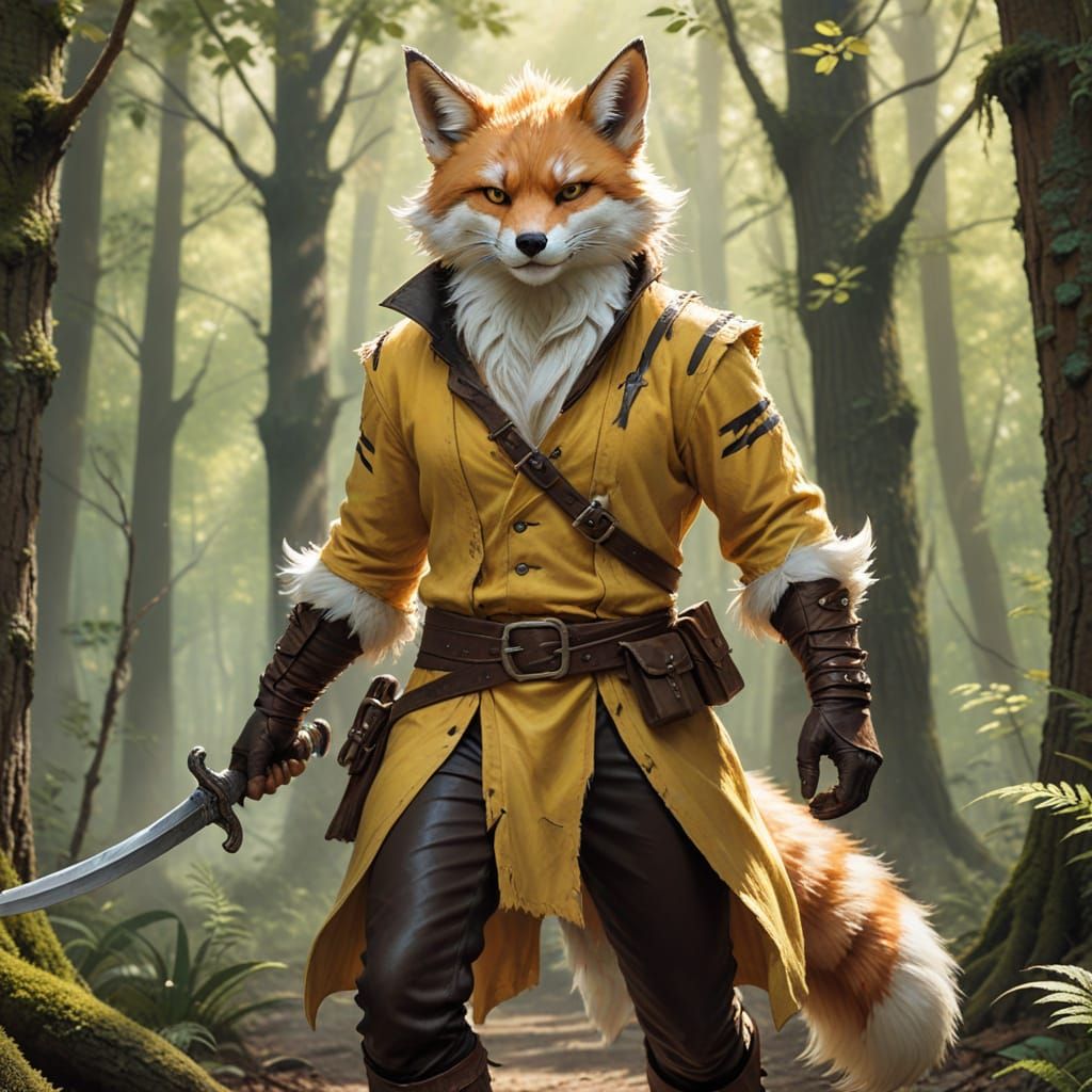 Kitsune Pirate Warrior in Forest, Oil Painting