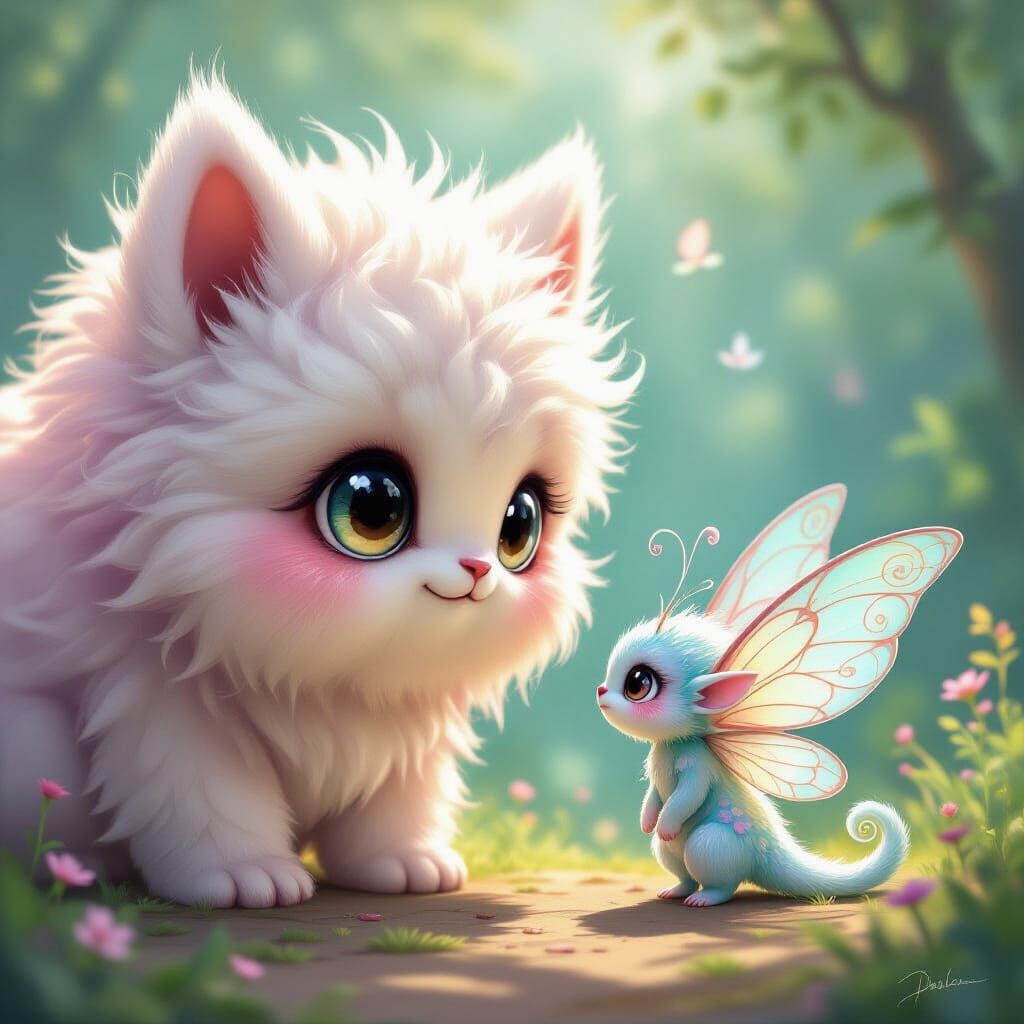 Giant Fluffy Creature Faces Tiny Winged Being
