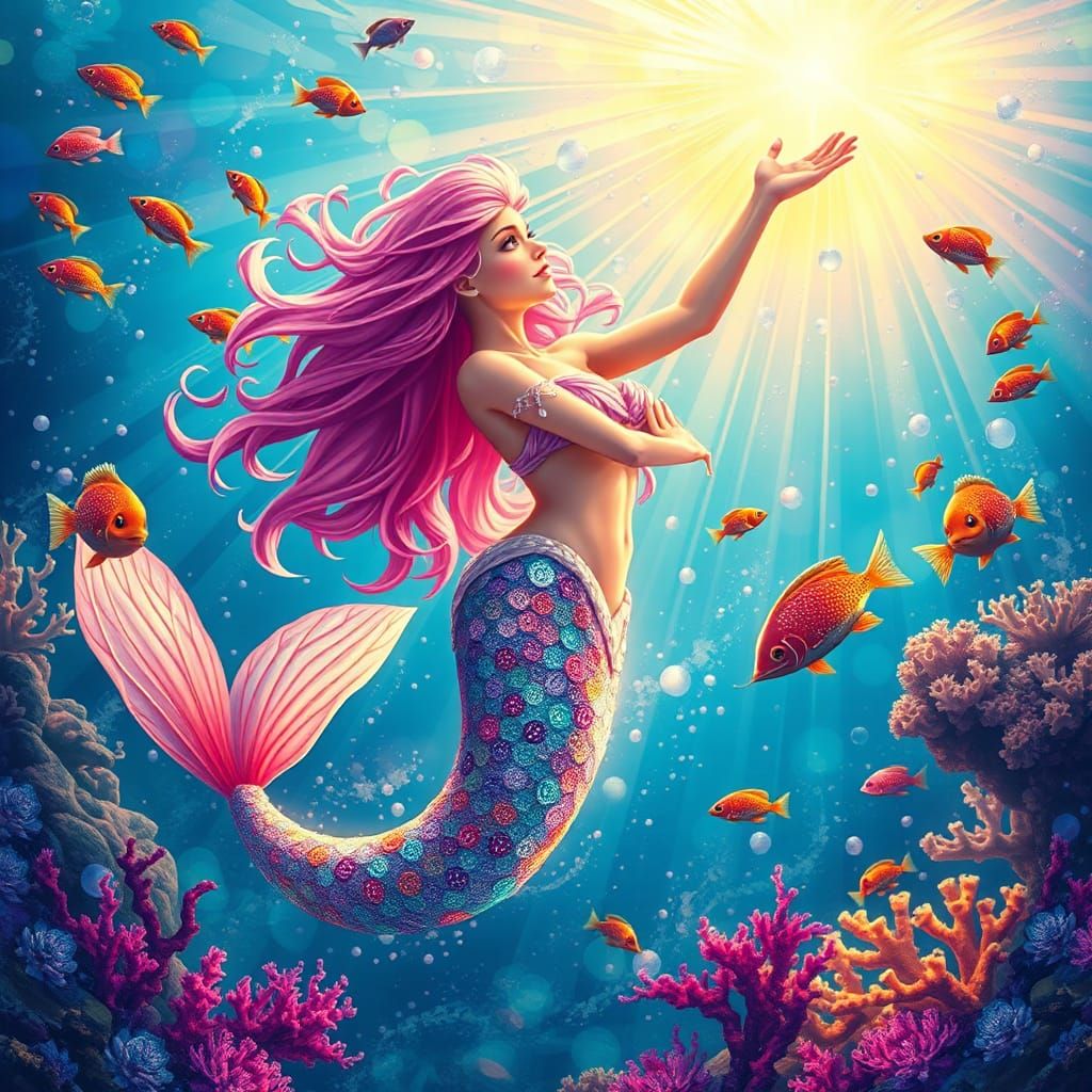 Radiant Mermaid in Bioluminescent Coral Reef