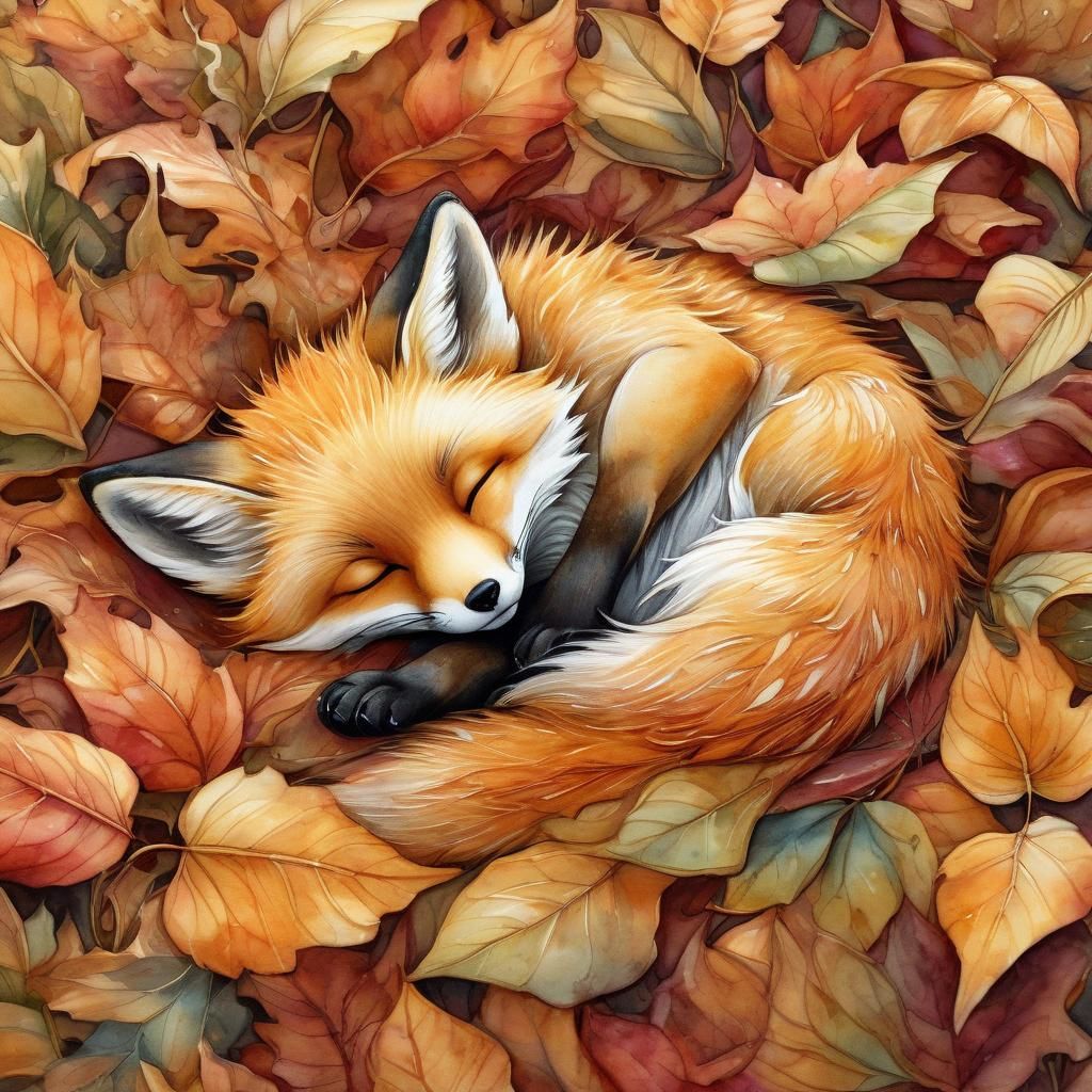 Baby Fox Asleep on Autumn Leaves in Watercolor