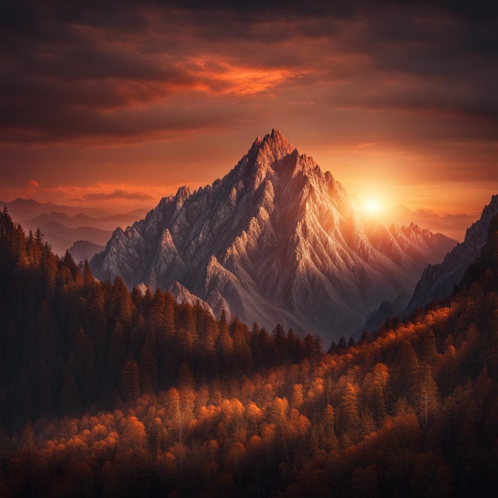 Hyperrealistic Mountain Sunset in HDR