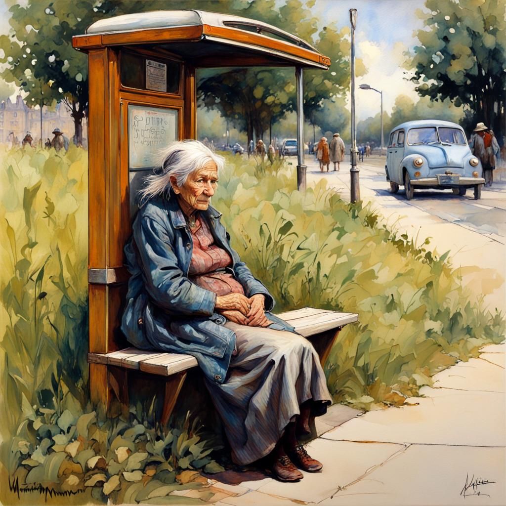 Kind Woman Waiting in Lush City Park