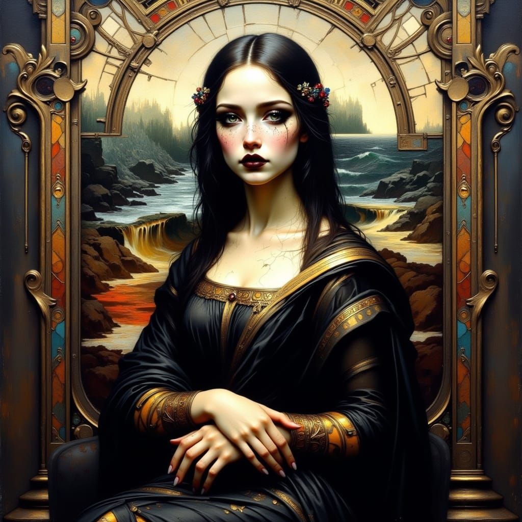 Mona Lisa as a Cracked Porcelain Doll in Gothic Style