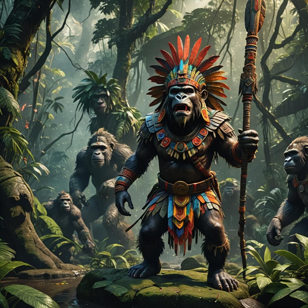Aztec Ape Warrior in Rainforest: Realistic Digital Painting