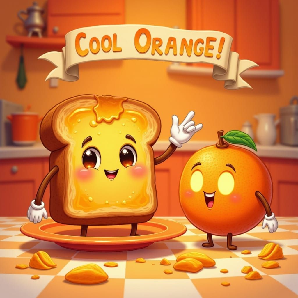Rye Toast Character With Orange In Retro Kitchen
