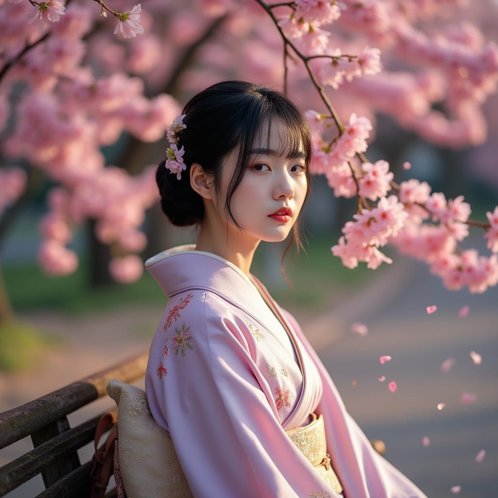 Serene Japanese Woman in Kimono Amidst Vibrant Cherry Blosso...