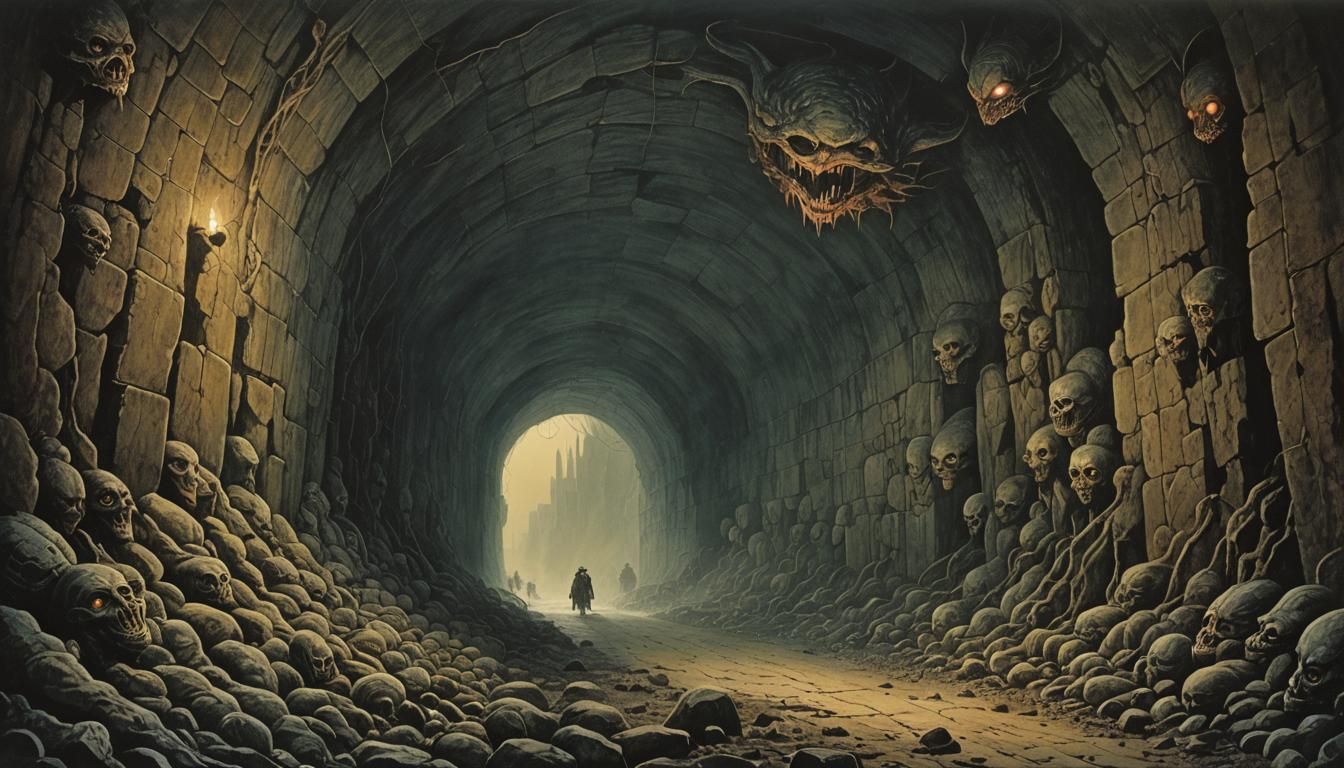 Monstrous Creatures Emerge from Tunnel in Dim Light